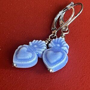 Blue Sacred Heart Ceramic Dangle Earrings, Milagro, Ex-Voto, Small Earrings